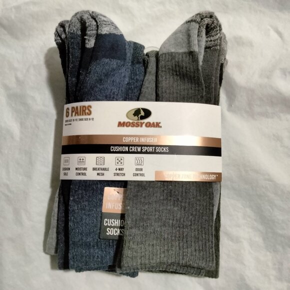 Mossy Oak Copper Infused Socks Mens Shoe Sz 6-12 Cushion Crew Sport 6 Pairs NWT - Picture 1 of 4